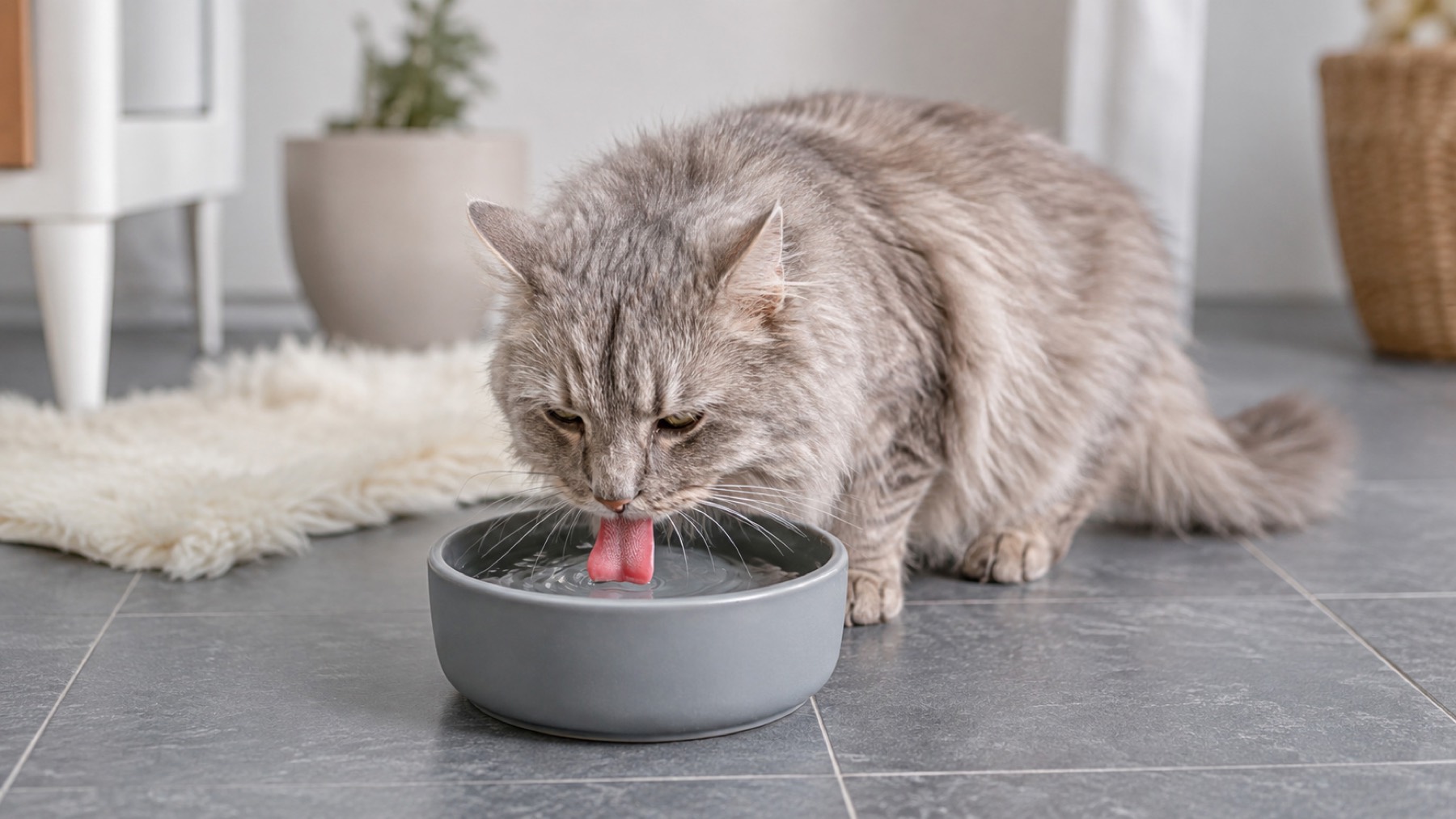 A cat drinking from its water bowl