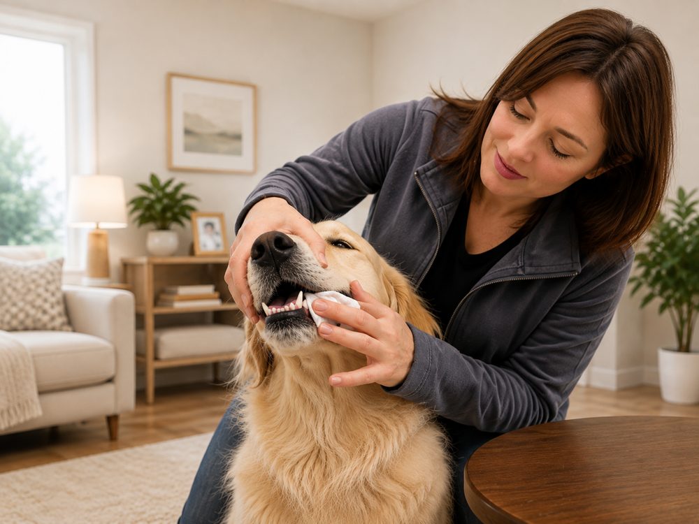 A dog getting its teeth cleaned with a VETRADENT® Dental Wipe
