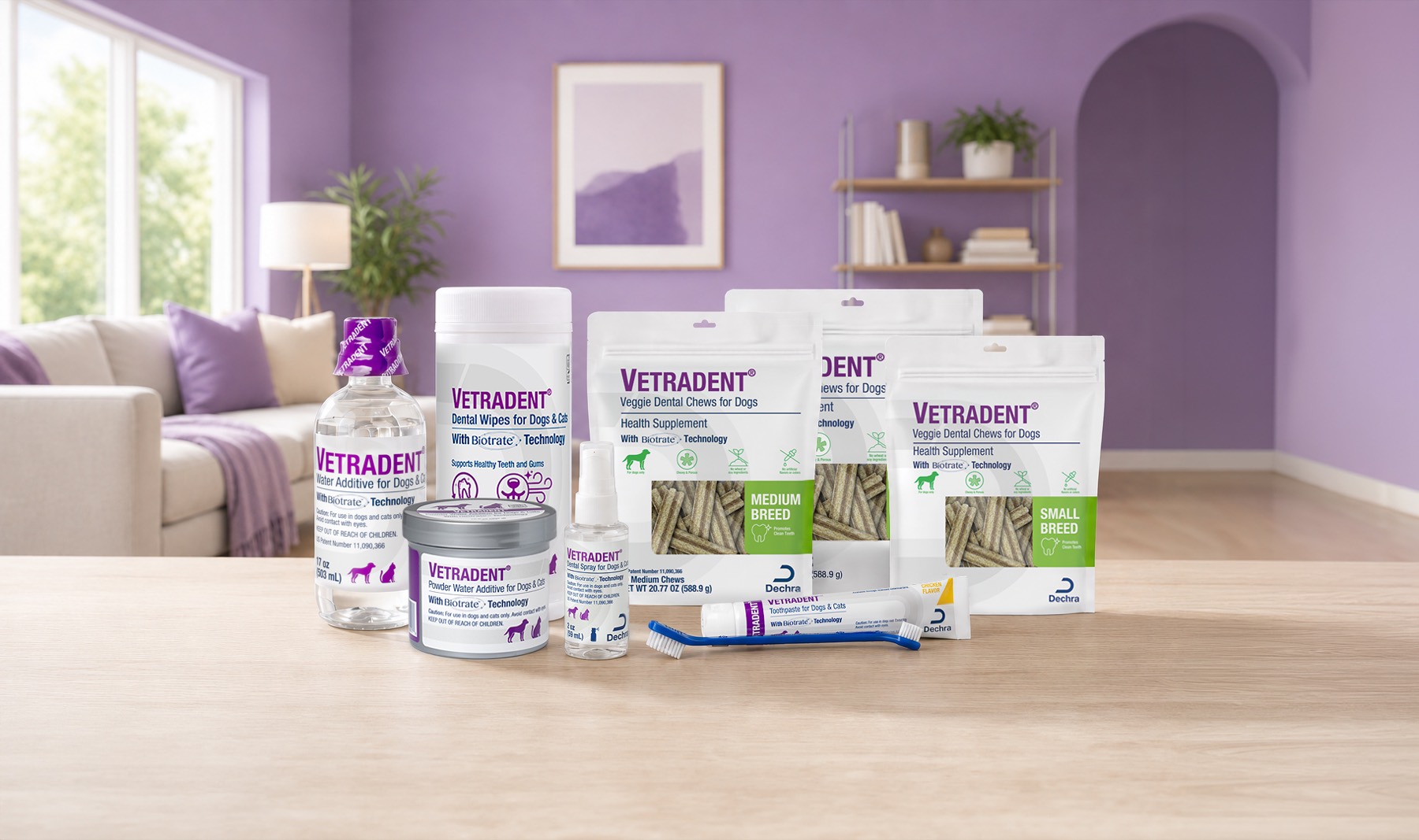VETRADENT® product family on a table: water additive, wipes, powder, spray, veggie chews, and toothpaste