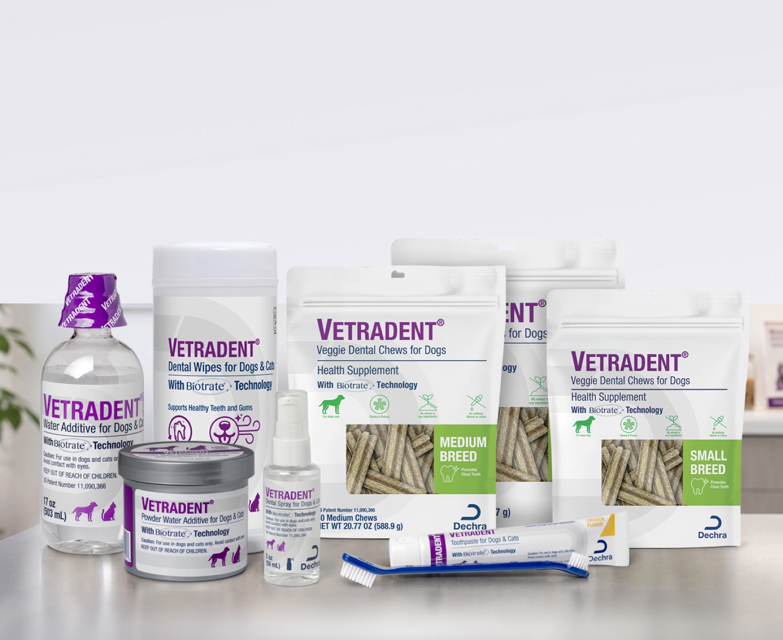 The VETRADENT® product family on a veterinary clinic counter