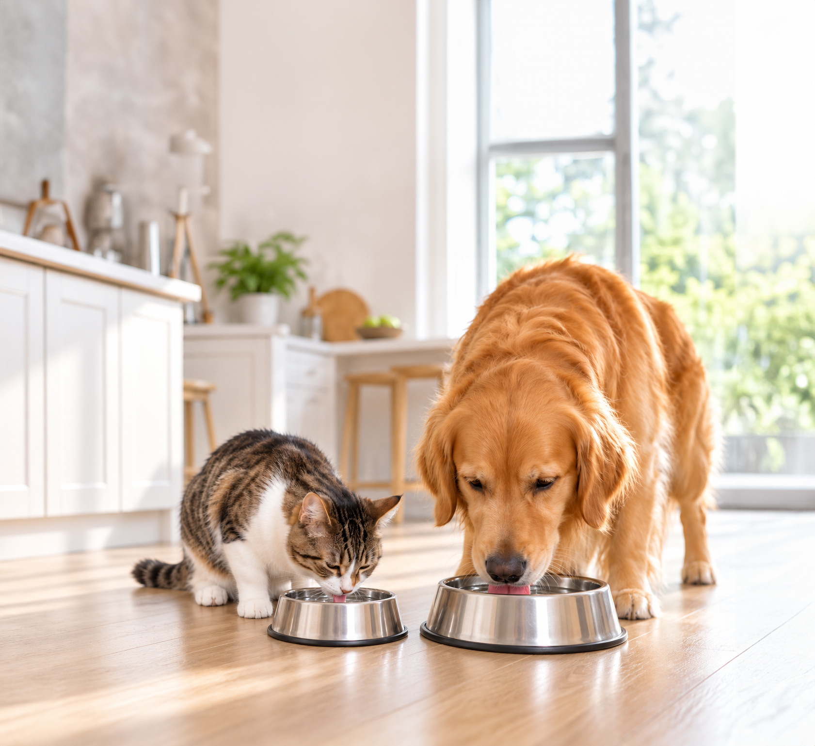 A cat and a dog drinking from water bowls in a sunlit kitchen